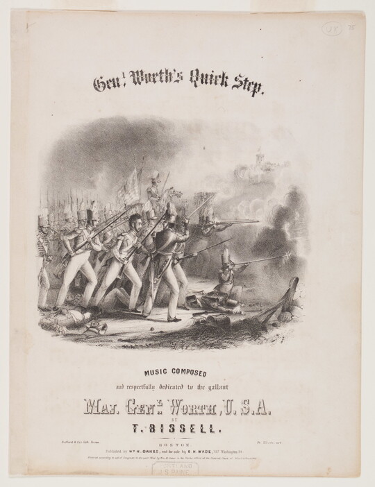A black-and-white print illustration, the cover of a piece of sheet music, of a group of men charging into war.