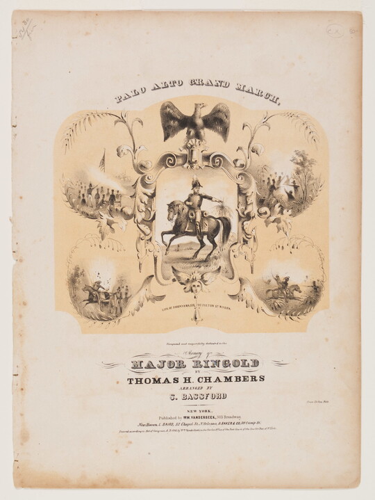A sepia-toned print illustration, the cover of a piece of sheet music, of a man in military uniform on horseback surrounded by vignettes of his military endeavors.