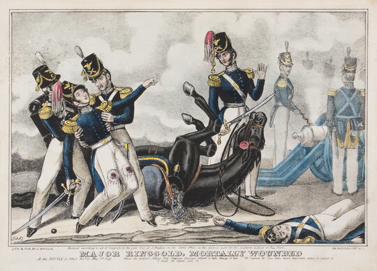 A color print of several soldiers in blue and white uniforms on a battlefield helping a wounded White man as his horse lays on the ground behind him.