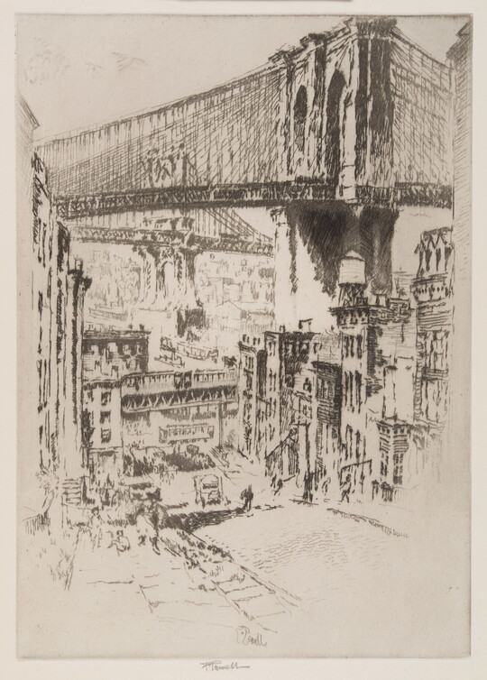 A black-and-white print of a cityscape below two suspension bridges.