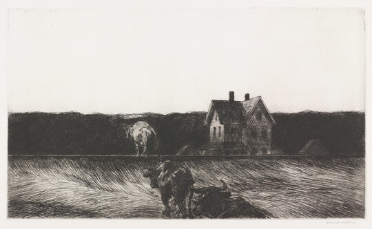 A black-and-white print of three cows walking through a field toward a three-story farmhouse in the background.