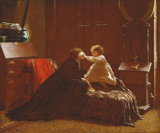 An oil painting of a small child playing peek-a-boo with their mother on a chaise lounge.