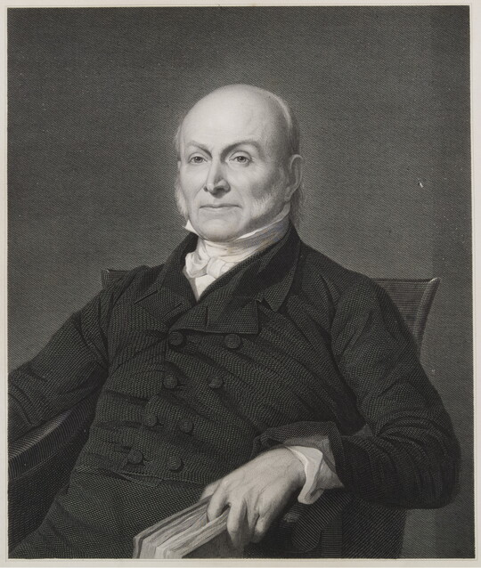 A black-and-white portrait print of an older, balding White man in formal dress sitting in a chair with a book in one hand. 