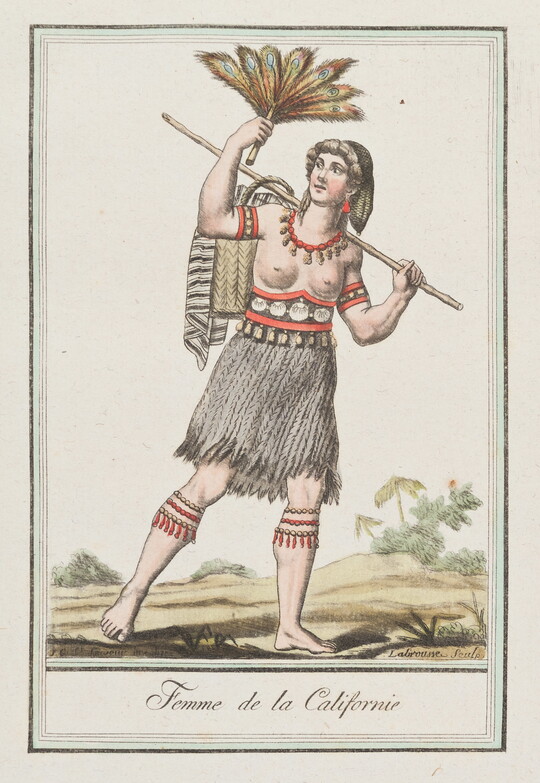 A color print of an Indigenous woman wearing a necklace, arm bands, belted skirt, garters and holding a feathered fan in her hand and a bag on her back.