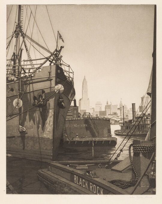 A black-and-white print of ships in water and a city in the background. 