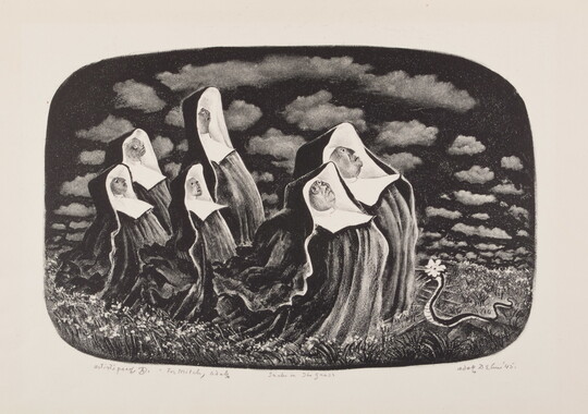 A black-and-white print of six stylized nuns in full habit looking up at a cloudy sky as a snake slithers in the grass in front of them.