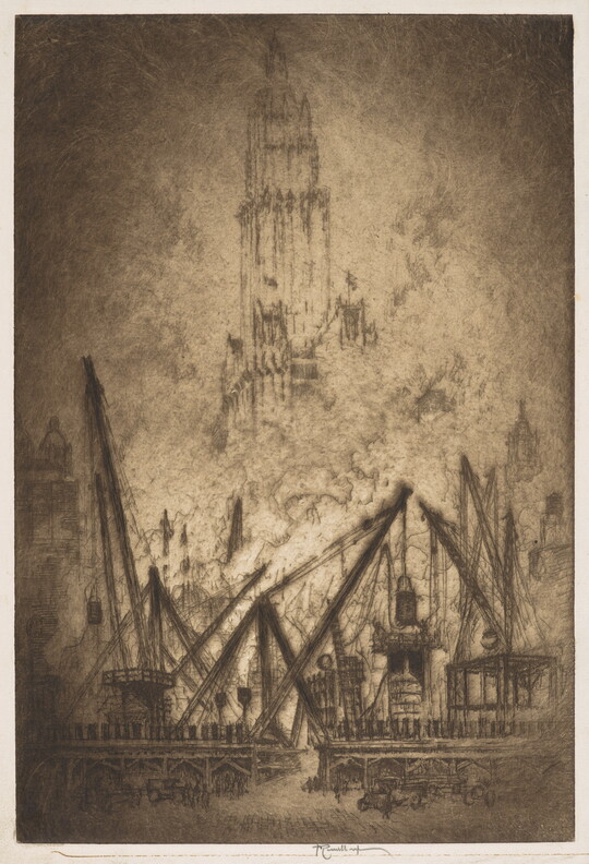 A sepia-toned print of construction equipment and a skyscraper rising out of fog.