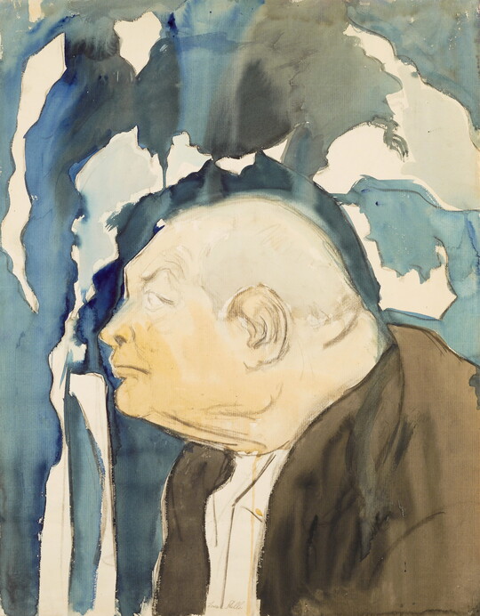 A watercolor profile portrait of an older, bald White man in a brown jacket in front of a blue, gray, and white background.