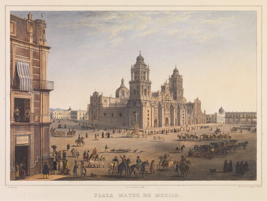 A color print of a busy city square with an ornate cathedral at the center.