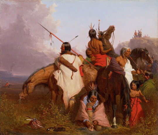 An oil painting of a Native American family with their horses.