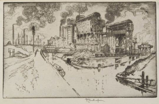 A black-and-white print of an industrial complex with many smokestacks and outbuildings on a canal.