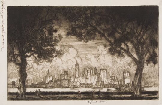 A black-and-white print of a city skyline from the opposite shore of a tree-lined river.