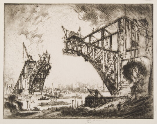A black-and-white print of an arched truss bridge under construction.