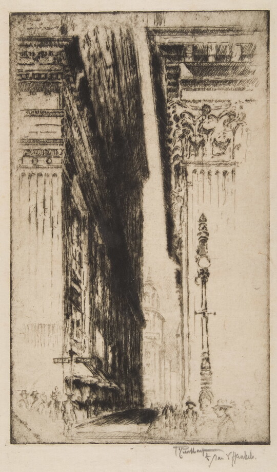 A black-and-white print of two decorative quoins, or building corners, creating a narrow alley between them.