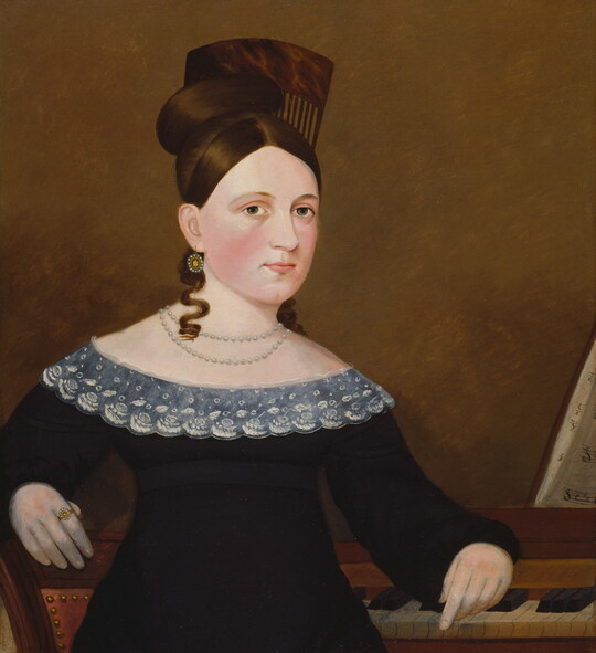 An oil painting of a seated White woman, hair pulled on top of her head, wearing a black dress with a lace collar leaning against a piano.