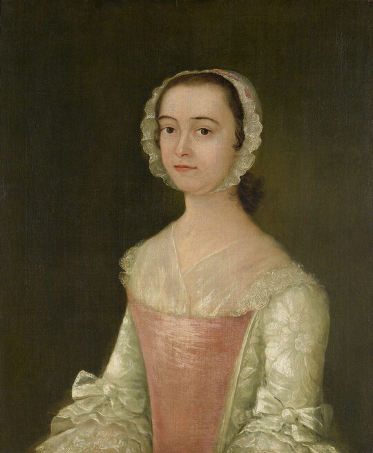 A oil portrait of a fair-skinned, young woman in a white and pink dress, wearing a lace bonnet on her head.