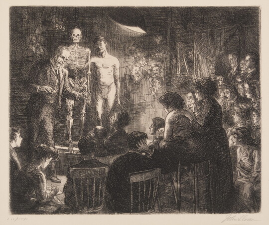 A black-and-white print of two White men, one nude, on a dais next to a human skeleton; the clothed man is lecturing to a crowded room.