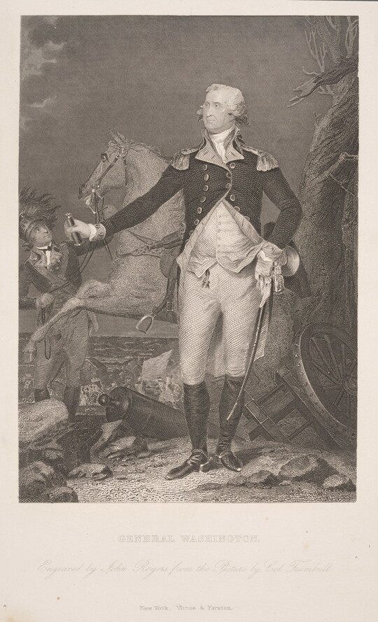 A black-and-white print of a White man in an early American military uniform, sword hanging from one side, standing on a beach littered with war accessories in front of a rearing horse.