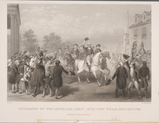 A black-and-white print of George Washington on horseback being cheered on by a crowd.