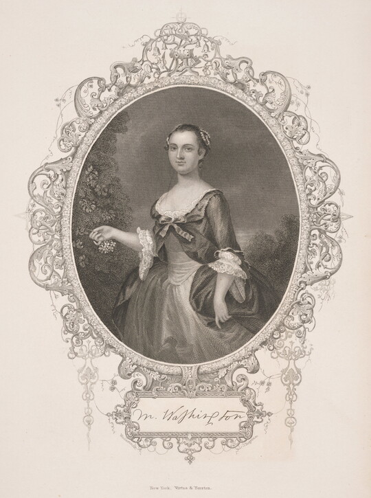 A black-and-white print portrait, framed in an oval with filigreed border, of a young light-skinned woman in an elaborate Colonial-era dress.