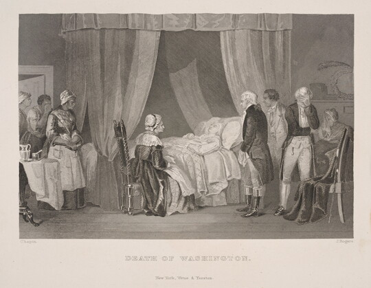A black-and-white print of group of people, including a seated woman, surrounding a pale man lying in a canopied bed.