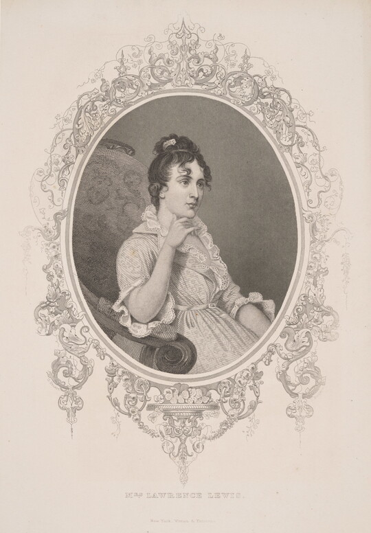 A black-and-white print portrait of a seated White woman in formal Colonial dress in an ornately decorated oval frame.
