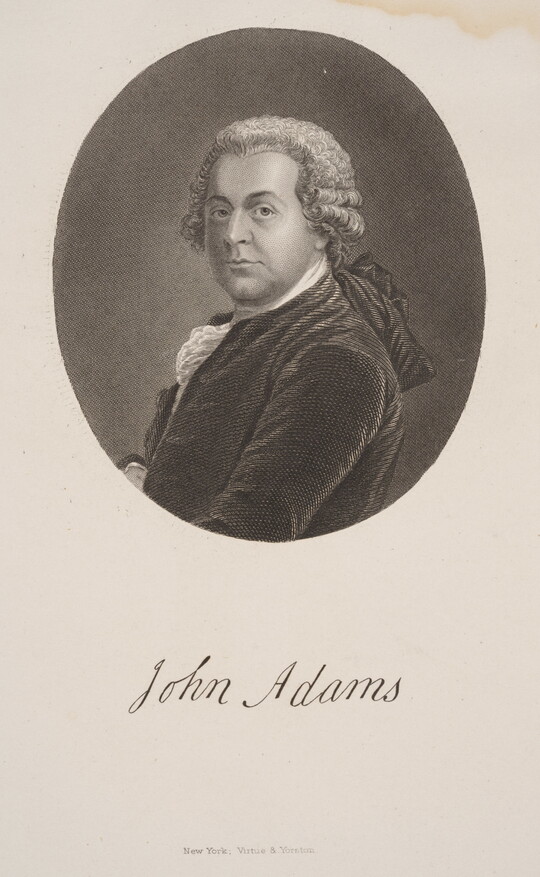 A black-and-white print portrait in the shape of an oval of a White man wearing a powdered wig with side curls.