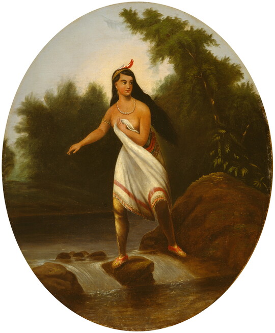 An oval-shaped oil painting of a young American Indian woman with long black hair, wearing a tunic, standing on rocks in the middle of a rushing stream.