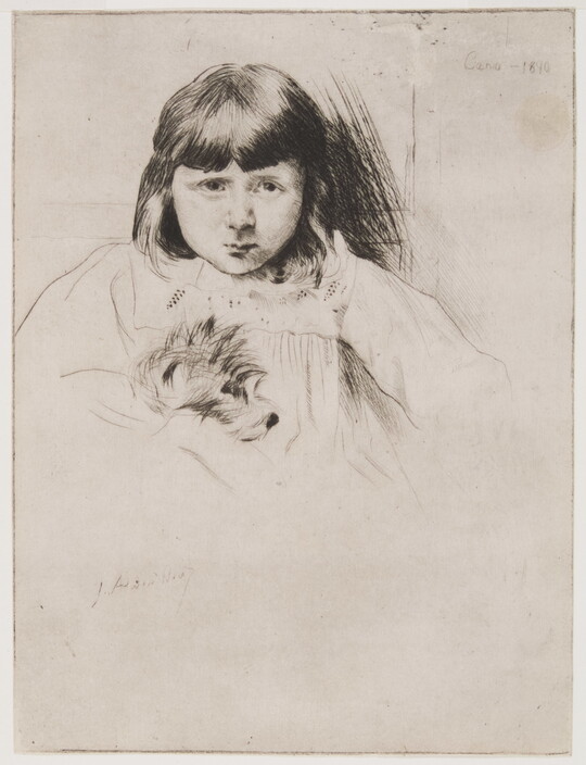 A black-and-white print of a White child with dark bangs wearing what looks like a white nightgown and holding a small, long-haired dog.