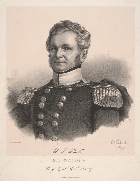 A black-and-white print of the head and shoulders of a middle-aged White man with light curly hair, wearing a military uniform with brass buttons and fringed epaulets.