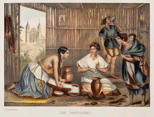 A color print of three women making tortillas inside of a wood structure and a man eating from a bowl in the background.