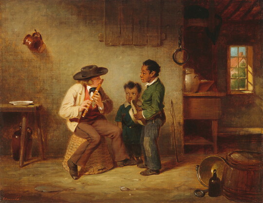 An oil painting of an interior scene with an older White boy playing a flute for two young Black children.