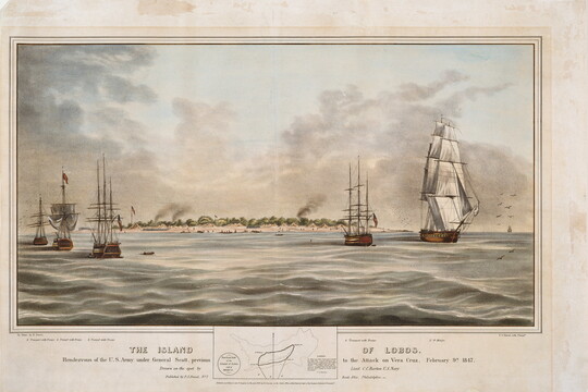 A color print of several large ships at sea and an island with small boats just off its coast in the background. 