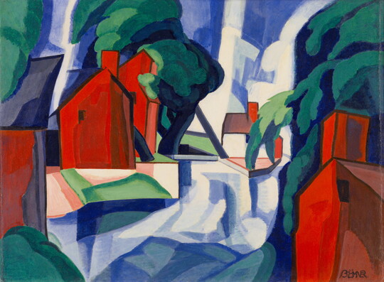 A geometric-style painting of bright red houses and lofty green trees arranged on either side of a wide, blue swath of color.