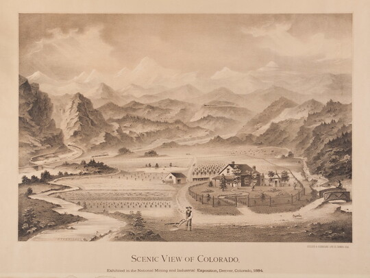 A sepia-toned print of a farmer working in a field, a farm and house surrounded by mountains, streams, and railways.