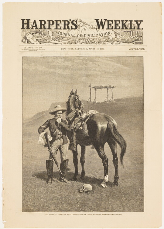 A cover of Harper's Weekly with an illustration of a man standing next to his horse and looking thoughtfully at a human skull on the ground.