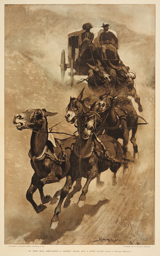 A black-and-white print of a horse-drawn wagon careening downhill as the horses lose control.
