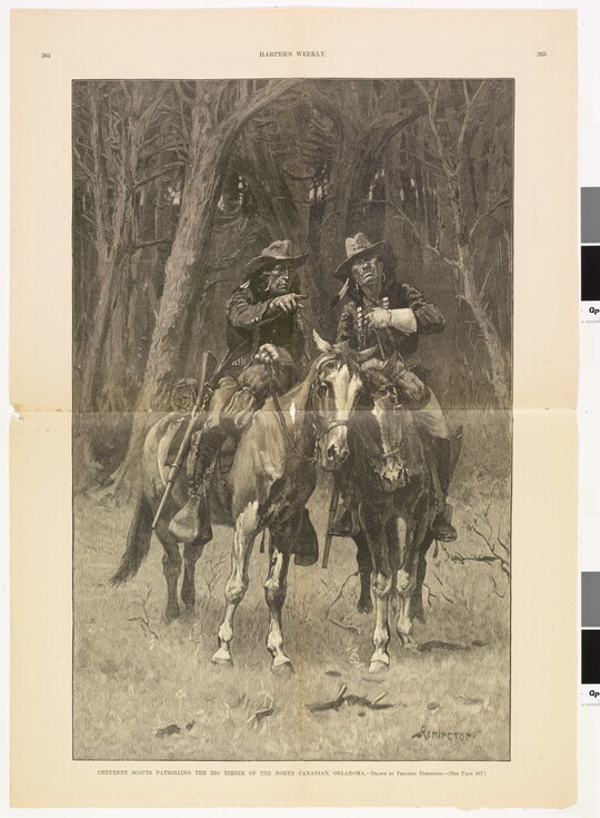 A black-and-white print of two Native American men on horseback, one points at something ahead of them.