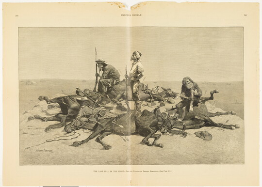 A black-and-white print of three men with weapons surrounded by four arrow-laden, dead horses and one of their comrades-in-arms.