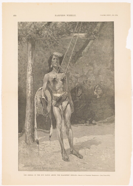 A page from a magazine with a black-and-white illustration of an Indigenous man, wearing a loincloth, attached ropes from piercings through his nipples.