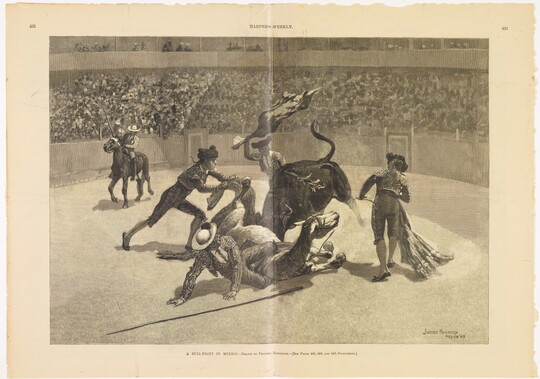 A black-and-white print of bullfighters surrounding a bull that is charging a horse and its rider, both of whom are on the ground.