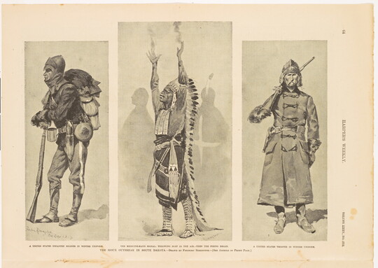 A page from a magazine with three black-and-white illustrations of (L-R) a soldier dressed in winter clothing, an Indigenous man in a headdress with arms raised, and a soldier in a long coat with a rifle over his shoulder.