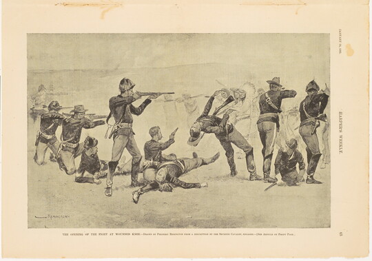 A page from a magazine with a black-and-white illustration of soldiers engaging in armed battle with Indigenous men in the distance.