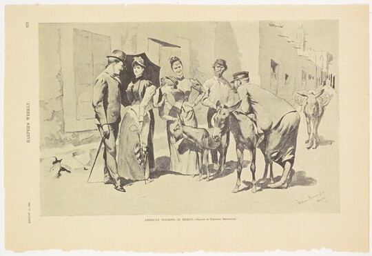 A page from a magazine with a black-and-white illustration of a well-dressed man and two women talking with two men who are handling burros.