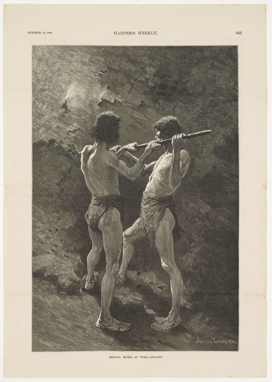 A page from a magazine with a black-and-white illustration of two men in sandals and loincloths holding a pole they are pressing into a stone wall.