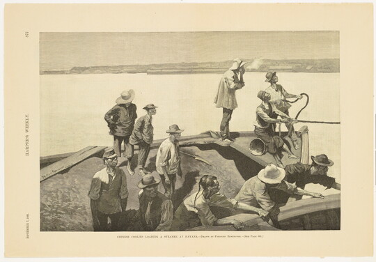 A page from a magazine with a black-and-white illustration of figures on a boat engaged in work.