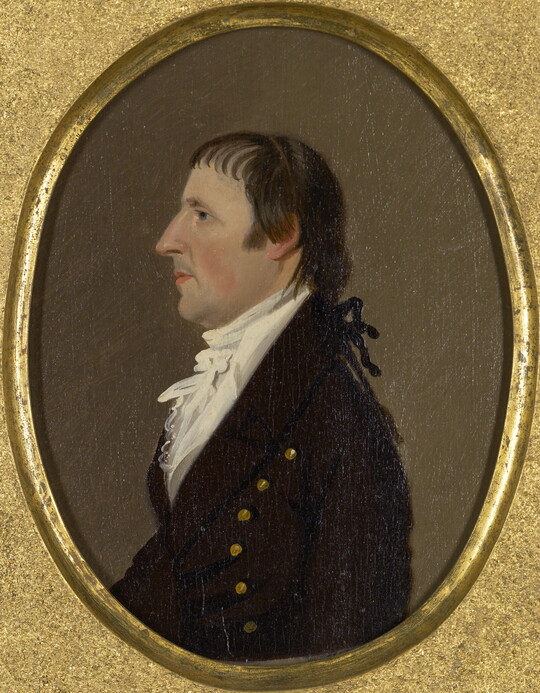 An oil painting portrait of a White man in profile wearing a white ruffled shirt under a brown coat with gold buttons.