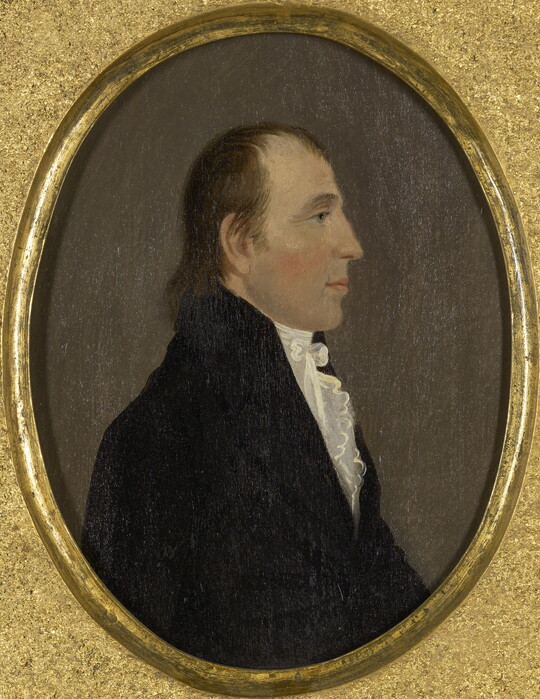 An oil painting portrait of a balding White man in profile wearing a white ruffled shirt under a black coat.