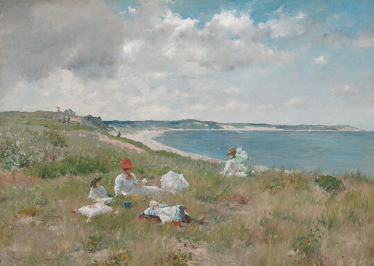 An oil painting of White women and children having a picnic on a bluff overlooking the sea on a partially cloudy day.