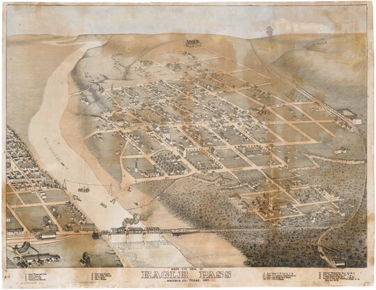A yellowed hand-painted print of an aerial view of Eagle Pass, Texas.